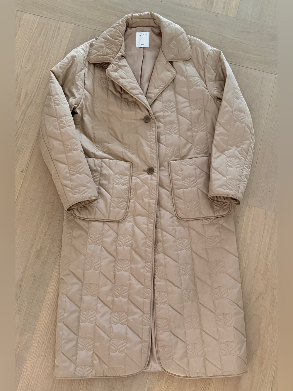 SANDRO Stuart Long Quilted Double-S Monogram Coat Beige Size 36
